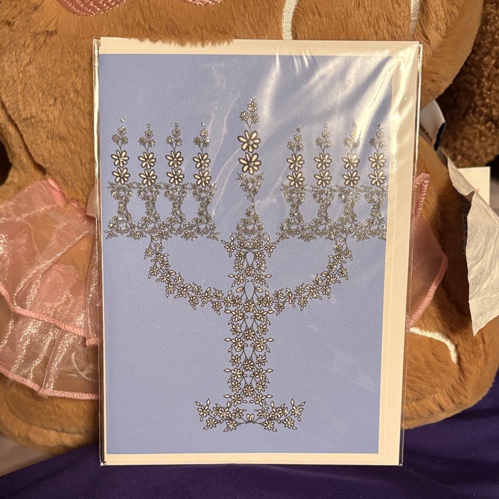 Silver Floral Menorah Card with tiny glitter Rhinestones
